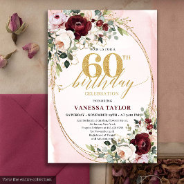 Tarjeta de cumpleaños 60 Boho Borgoña Oro Oval Flo