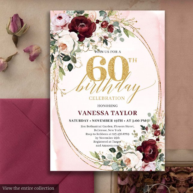 Tarjeta de cumpleaños 60 Boho Borgoña Oro Oval Flo (Boho Burgundy Gold Oval Floral 60th Birthday)