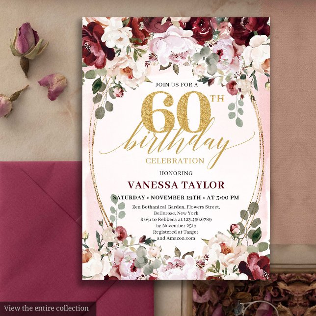 Tarjeta de cumpleaños 60 boho caprichosa floral bo (Whimsical Boho Burgundy Floral 60th Birthday)