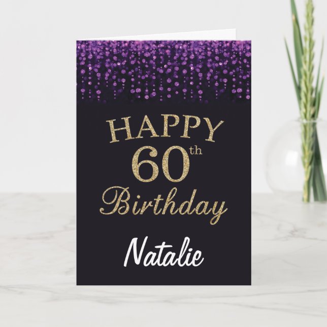 Tarjeta de cumpleaños 60 con brillo púrpura, negro (Anverso)