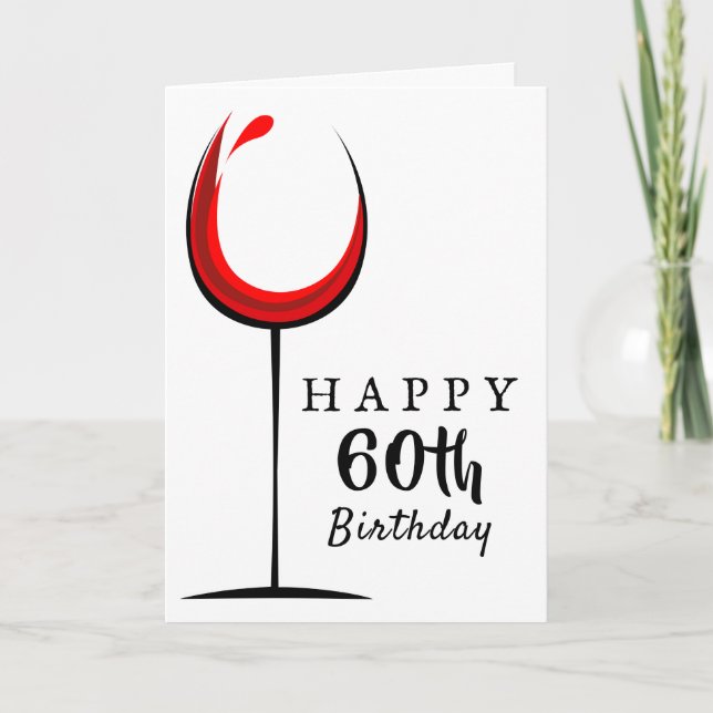 Tarjeta de cumpleaños 60 con copa de vino tinto (Anverso)
