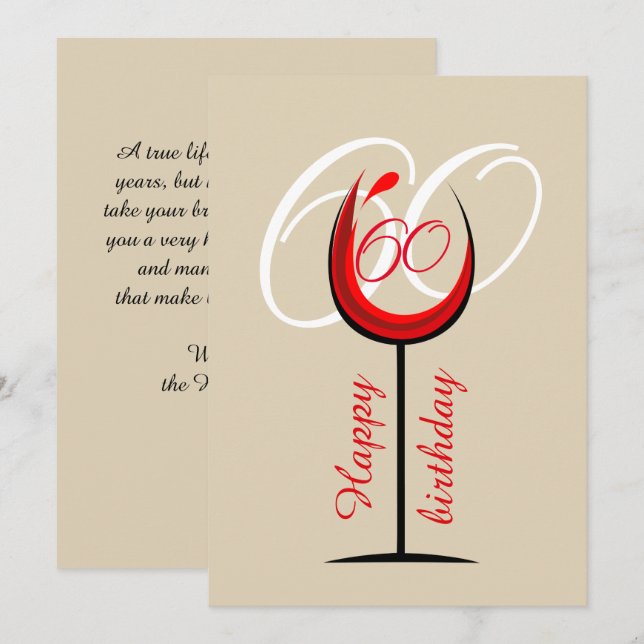 Tarjeta de Cumpleaños 60 con Copa de Vino Tinto Mo (Anverso / Reverso)