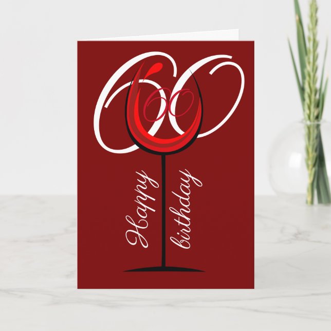 Tarjeta de cumpleaños 60 con copa de vino tinto mo (Anverso)