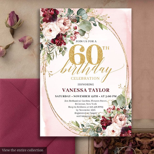Tarjeta de cumpleaños 60 Luxury Boho Granate Dorad (Luxury Boho Maroon Gold Floral 60th Birthday)