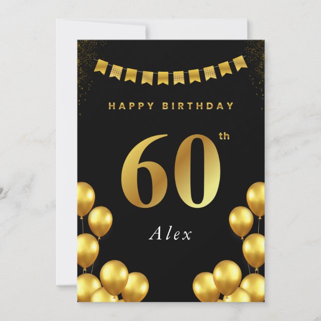 Tarjeta de cumpleaños 60 negro y globos dorados (Anverso)