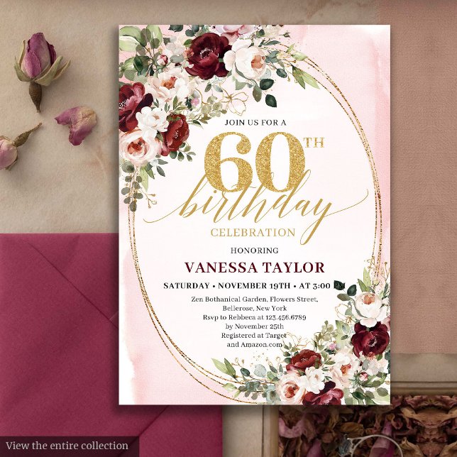 Tarjeta de cumpleaños 60 Watercolor Boho Blush Bur (Watercolor Boho Blush Burgundy 60th Birthday)