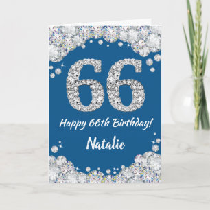 Tarjeta de cumpleaños 66 con brillo azul y platead