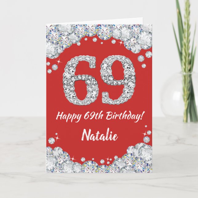 Tarjeta de cumpleaños 69 con brillo rojo y platead (Anverso)