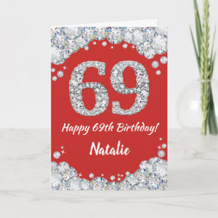Tarjeta de cumpleaños 69 con brillo rojo y platead