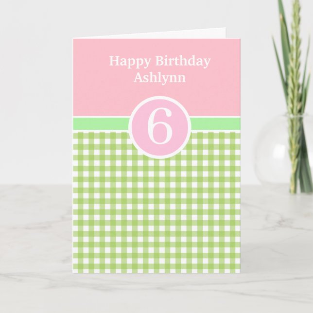 Tarjeta de cumpleaños 6 de Gingham rosa y Verde (Anverso)
