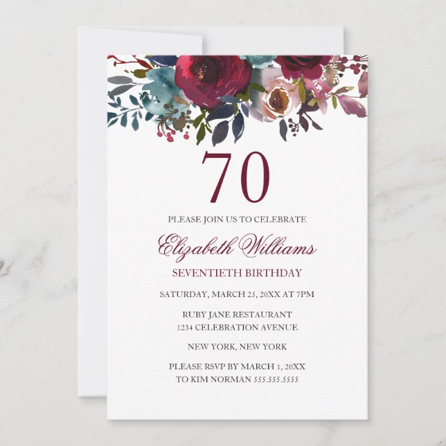 Tarjeta de cumpleaños 70 con acuarela floral roja  (Anverso)