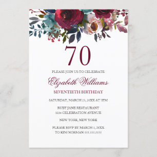 Tarjeta de cumpleaños 70 con acuarela floral roja