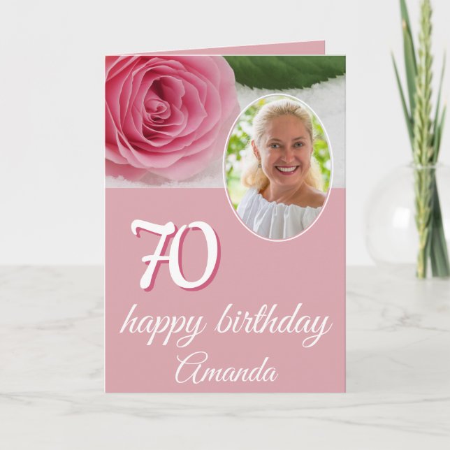 Tarjeta de cumpleaños 70 con foto floral de rosa r (Anverso)