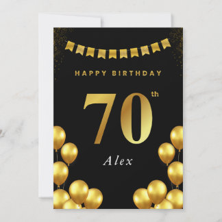 Tarjeta de cumpleaños 70 negro y globos dorados