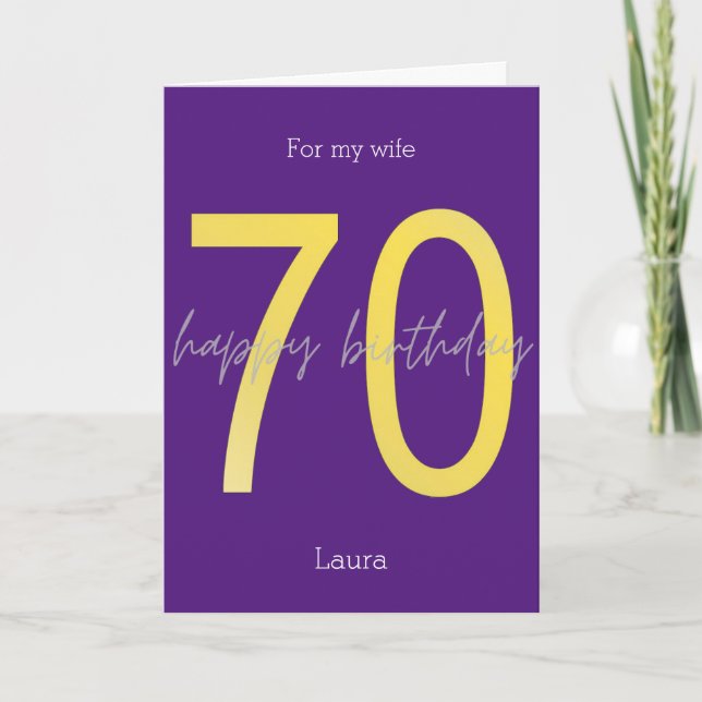 Tarjeta de cumpleaños 70 púrpura y dorada (Anverso)