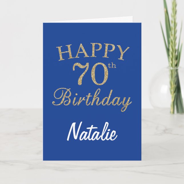 Tarjeta de cumpleaños 70 Purpurina Azul y Oro (Anverso)