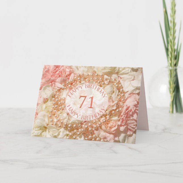 Tarjeta de cumpleaños 71 con perlas y pétalos (Anverso)