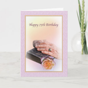 Tarjeta de cumpleaños 75 con manos mayores y bibli