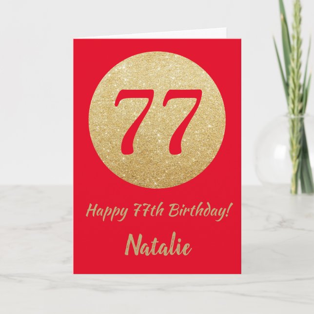 Tarjeta de cumpleaños 77 con brillo rojo y dorado (Anverso)