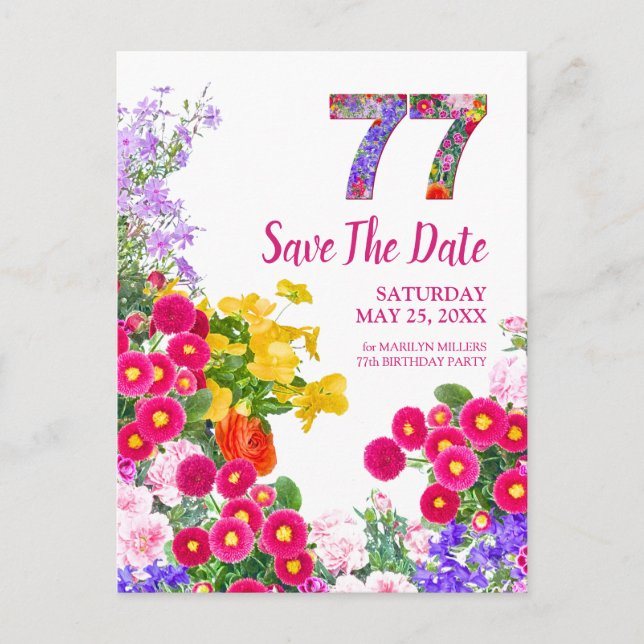 Tarjeta de Cumpleaños 77 con Flores, Moderna Ahorr (Anverso)