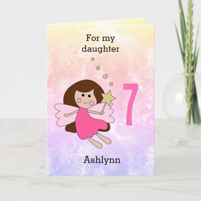 Tarjeta de cumpleaños 7 de hadas mágicas rosadas (Anverso)