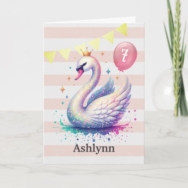 Tarjeta de cumpleaños 7 Princesa de Cisne Rosa y O (Anverso)