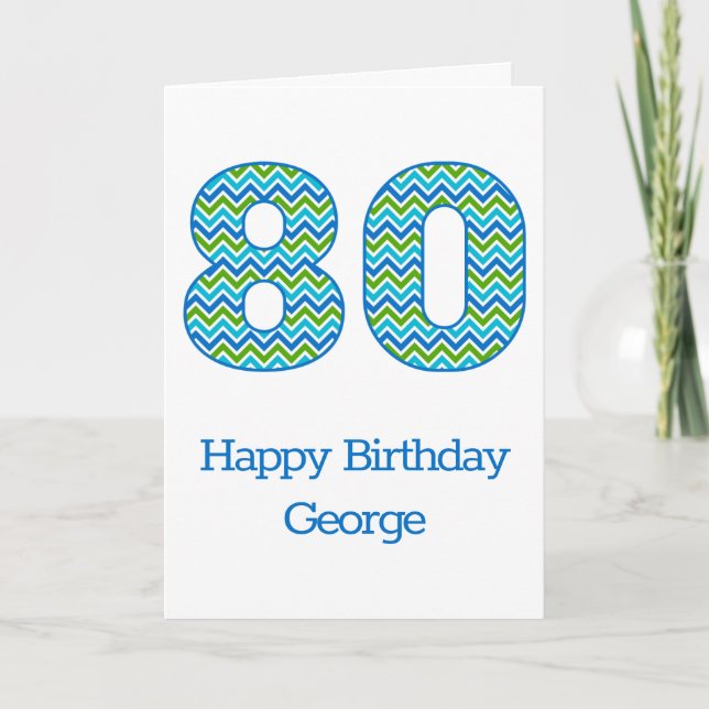 Tarjeta de cumpleaños 80º Chevron azul y verde per (Anverso)