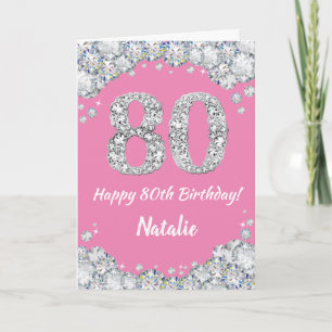 Tarjeta de cumpleaños 80 con brillo rosa y plata