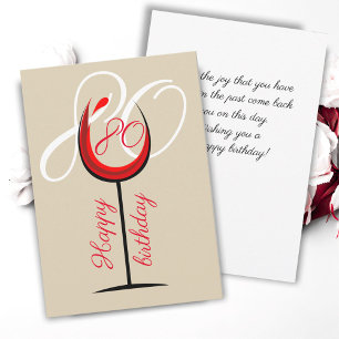 Tarjeta de cumpleaños 80 con copa de vino tinto mo