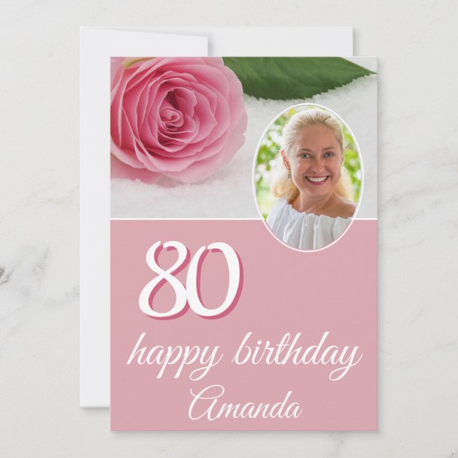 Tarjeta de cumpleaños 80 con foto floral de rosa r (Anverso)