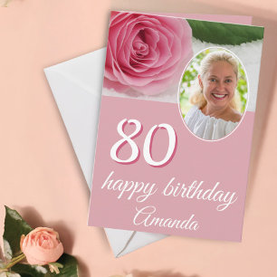Tarjeta de cumpleaños 80 con foto floral de rosa r