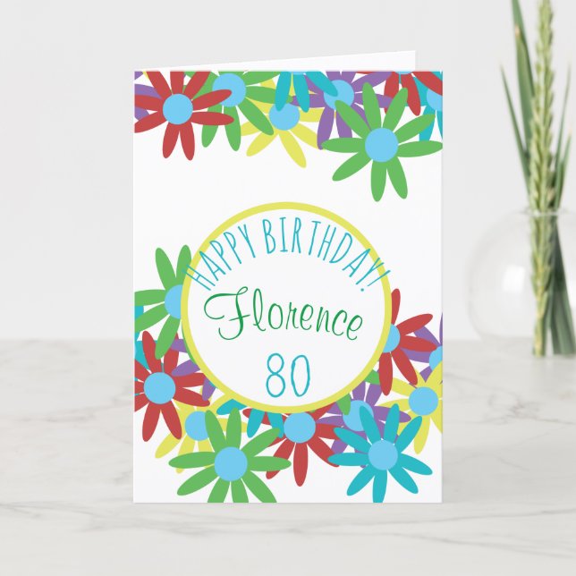 Tarjeta de cumpleaños 80 floral personalizada (Anverso)