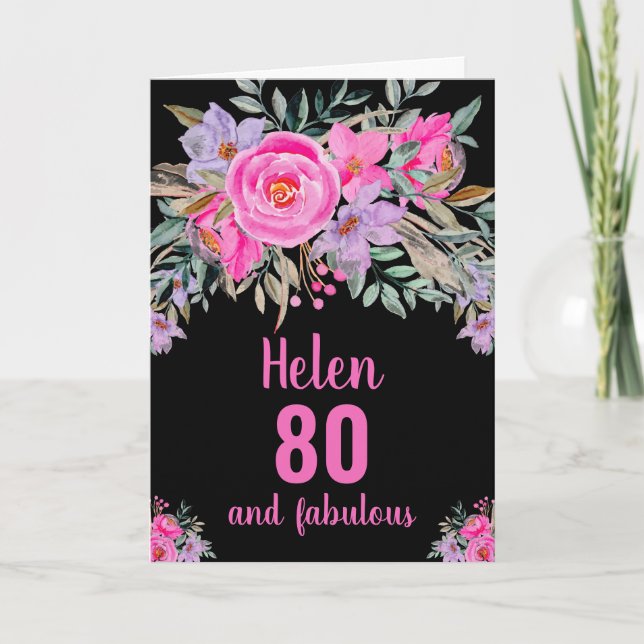 tarjeta de cumpleaños 80 negro floral acuarela ros (Anverso)