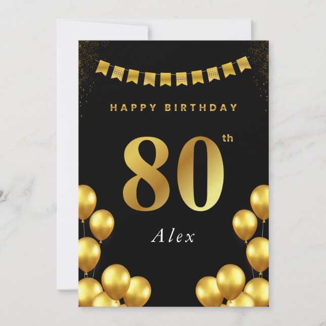 Tarjeta de cumpleaños 80 negro y globos dorados (Anverso)