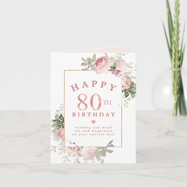 Tarjeta de cumpleaños 80th de Rubor Rosa Floral Go (Anverso)
