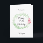 Tarjeta de cumpleaños 80th Watercolor Floral<br><div class="desc">Una acuarela floral tarjeta de cumpleaños número 80 para ella, que podrás personalizar fácilmente el frente con su nombre. El mensaje interno de esta tarjeta de cumpleaños de bonito lee un mensaje sincero, que también puede personalizar si lo desea. En la parte trasera hay el mismo laurel acuarela con flores...</div>