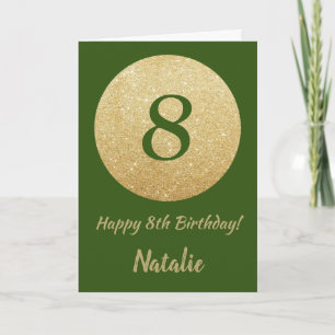 Tarjeta de cumpleaños 8 verde y dorada con brillo