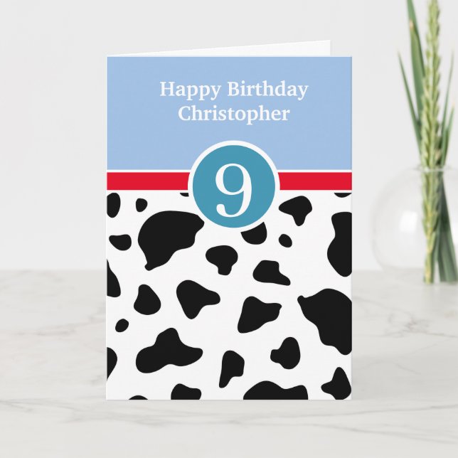 Tarjeta de cumpleaños 9ª impresa en azul y vaca (Anverso)