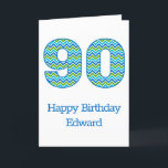Tarjeta de cumpleaños 90º Chevron azul y verde per<br><div class="desc">Una tarjeta de cumpleaños elegante y vibrante para un cumpleaños histórico. La parte delantera de la tarjeta muestra el número 90 en un patrón de chevron audaz y moderno. El diseño tiene una paleta de colores de tonos fríos: azul, verde y turquesa. Hay un mensaje de feliz cumpleaños junto con...</div>