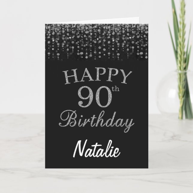 Tarjeta de cumpleaños 90 con brillo negro y platea (Anverso)