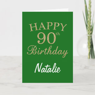 Tarjeta de cumpleaños 90 con brillo verde y dorado