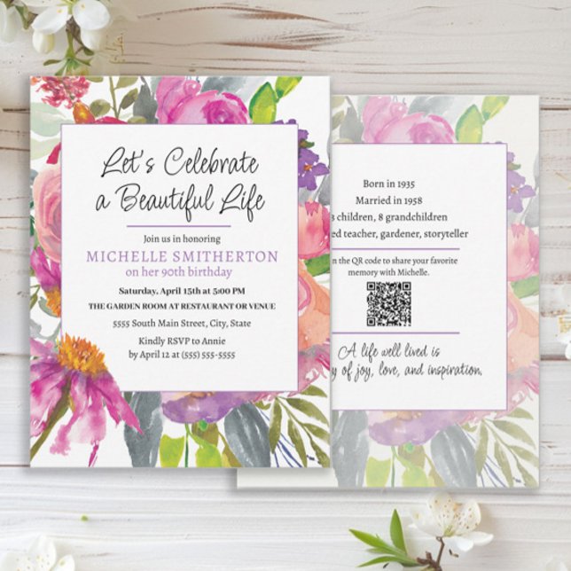 Tarjeta de cumpleaños 90 con código QR floral rosa (Pink and purple watercolor floral 2-sided QR code 90th birthday party invitation)