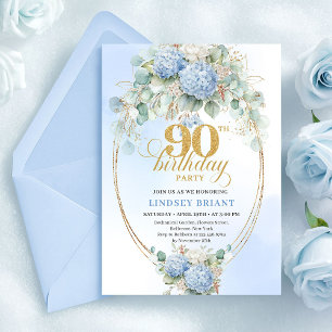 Tarjeta de cumpleaños 90 Moderno Floral Azul Paste