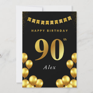Tarjeta de cumpleaños 90 negro y globos dorados