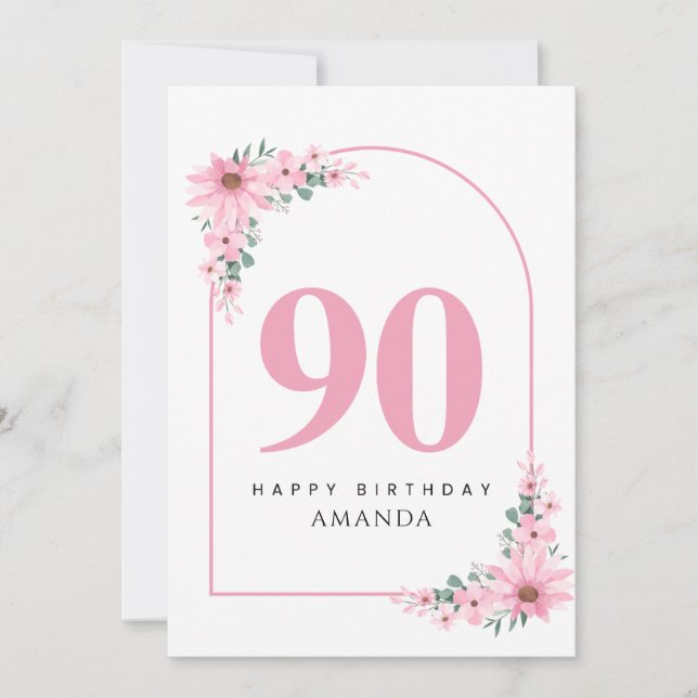 Tarjeta de cumpleaños 90 para mujeres flor rosa (Anverso)