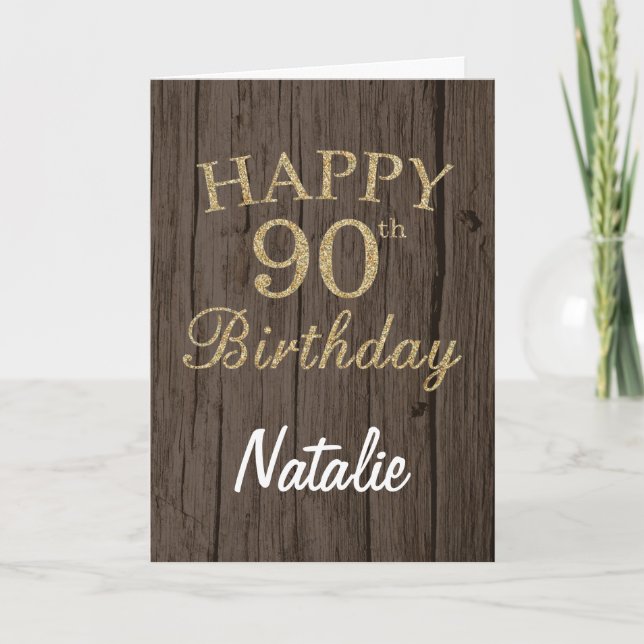 Tarjeta de cumpleaños 90 Rustica Marrón y Dorado c (Anverso)
