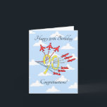 Tarjeta de cumpleaños 90th (cielo azul) Aviones Re<br><div class="desc">Celebra ese especial cumpleaños 90 con un pasaje de felicitación de nueve aviones aerobios rojos volando por el cielo azul con senderos rojos,  blancos y azules.

¡Una necesidad para los aficionados a la aviación,  y para los que solo les gusta celebrar con estilo!</div>