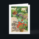 Tarjeta de cumpleaños 95 - Geranios rojos<br><div class="desc">Tarjeta de cumpleaños número 90 con una olla de geranios rojos, de un suave cuadro pastel de Judy Adamson. Por favor siéntase libre de editar o borrar el texto interno y si desea cambios hechos en el texto de portada, sólo contacte conmigo a través de mi tienda y estaré encantado...</div>