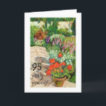 Tarjeta de cumpleaños 95 - Geranios rojos<br><div class="desc">Tarjeta de cumpleaños número 90 con una olla de geranios rojos, de un suave cuadro pastel de Judy Adamson. Por favor siéntase libre de editar o borrar el texto interno y si desea cambios hechos en el texto de portada, sólo contacte conmigo a través de mi tienda y estaré encantado...</div>