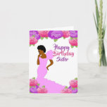 Tarjeta de cumpleaños afroamericana Fly Sister<br><div class="desc">Esta hermosa y elegante tarjeta de cumpleaños incluye rosas rosados y morados,  y una mujer afroamericana con vestido rosa. Obtén estas elegantes y lindas tarjetas de cumpleaños para tu hermana y pon una sonrisa en su cara.</div>